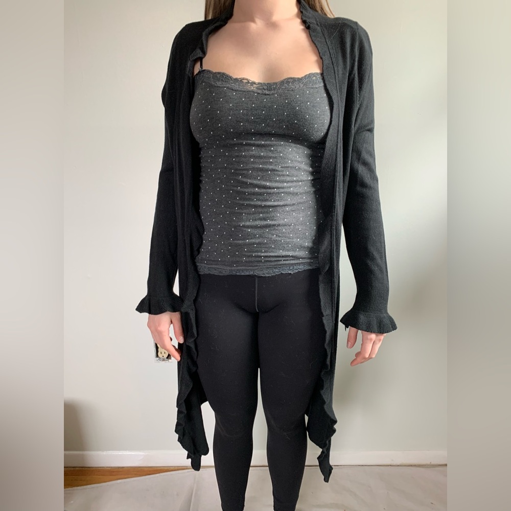 Black Silk/Cashmere long Cardigan with Ruffles